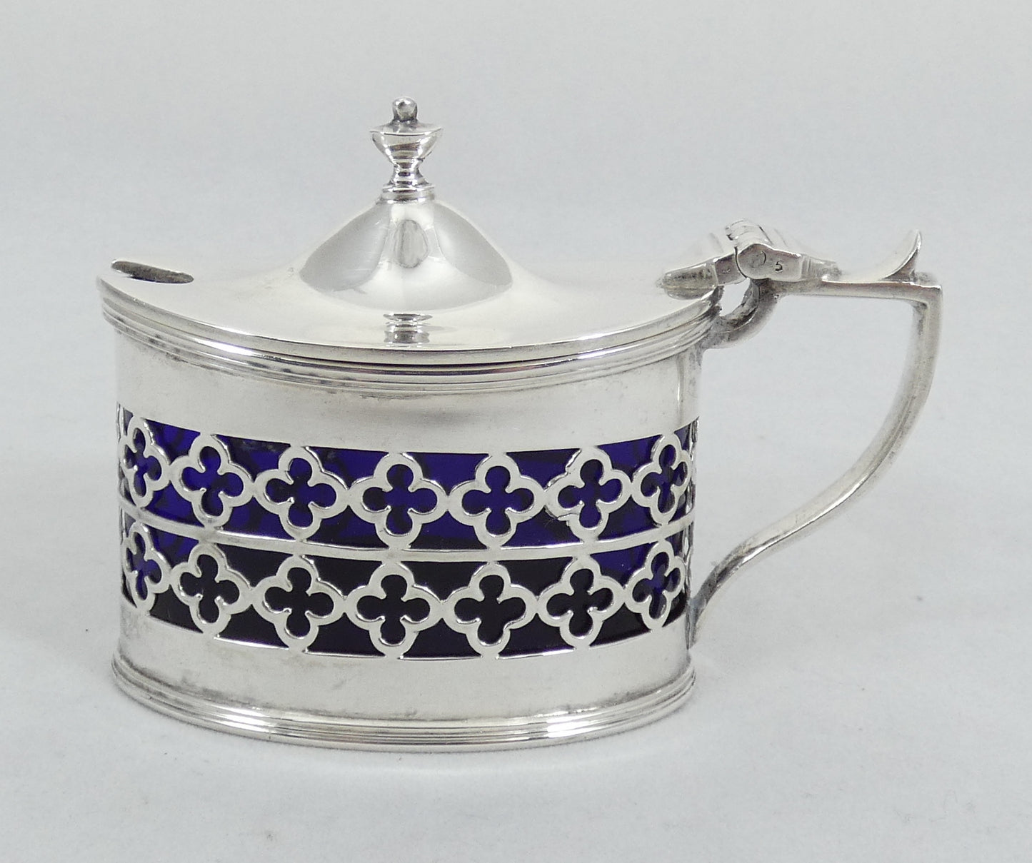 Antique Art Deco 1929 Sterling Silver & Blue Glass Mustard Pot Trefoil Pierced