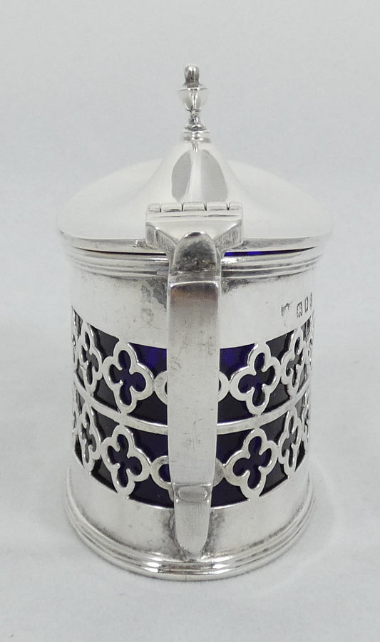 Antique Art Deco 1929 Sterling Silver & Blue Glass Mustard Pot Trefoil Pierced