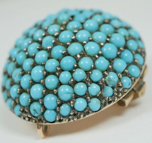 Antique Edwardian 1900 Solid 15ct Yellow Gold Turquoise Cluster Dome Brooch Pin