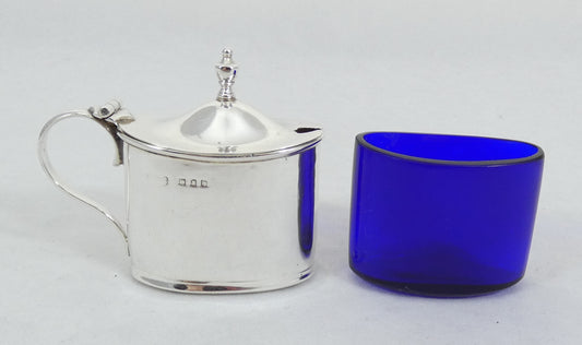 Antique Art Deco 1918 Sterling Silver & Blue Glass Mustard Pot Oval Cruet Set