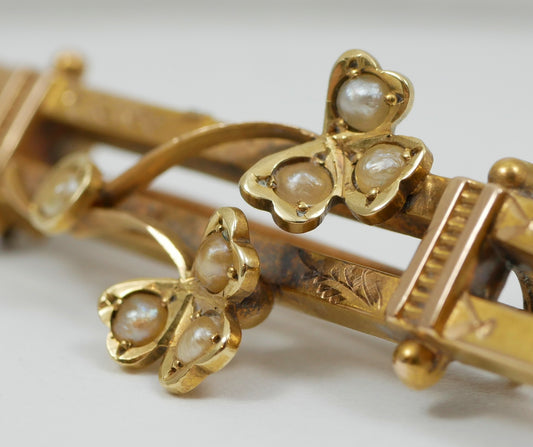 Antique Edwardian 1910 Solid 15ct Yellow Gold Seed Pearl Clover Leaf Brooch Pin