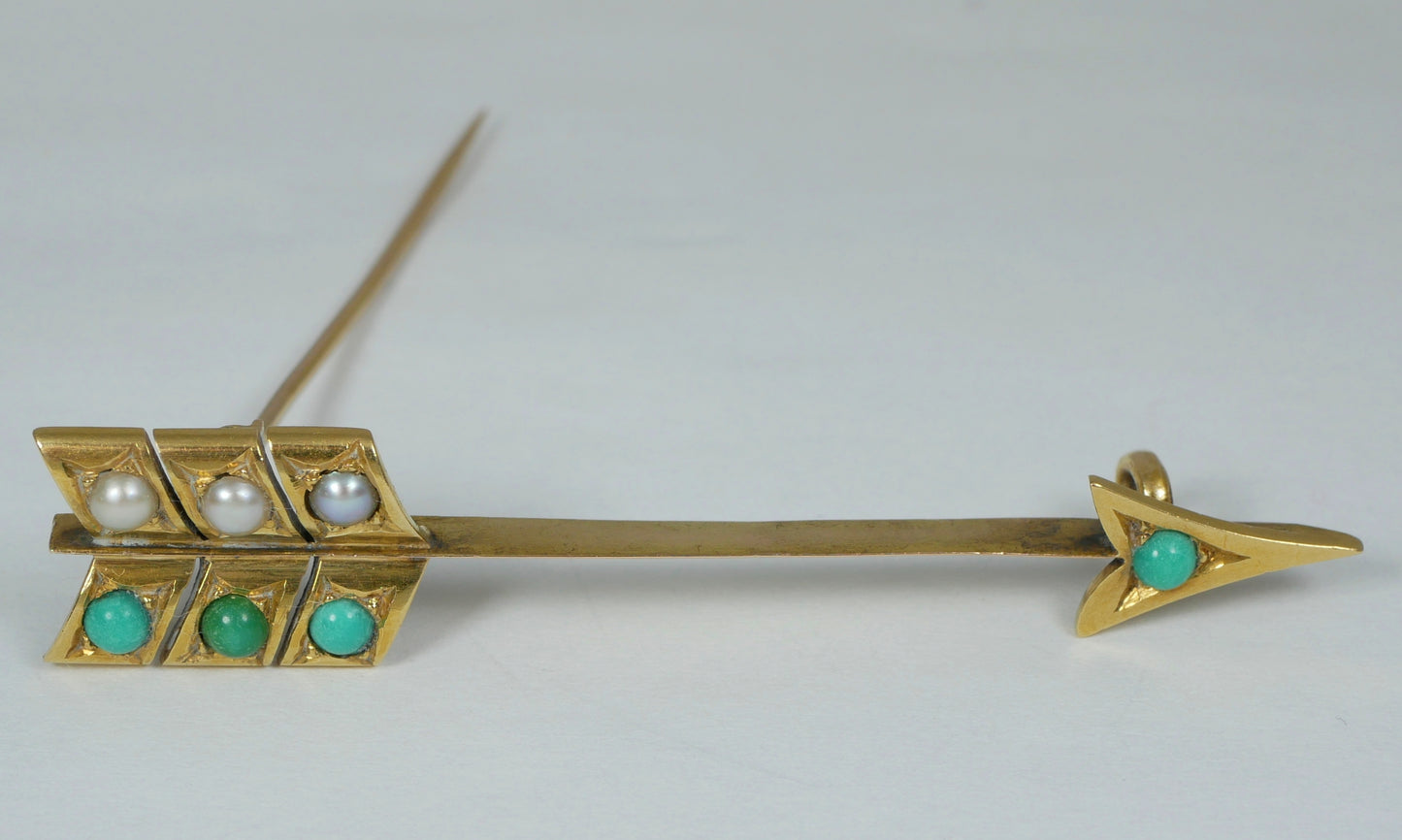 Antique Victorian 18ct Yellow Gold Turquoise & Seed Pearl Arrow Brooch Jabot Pin