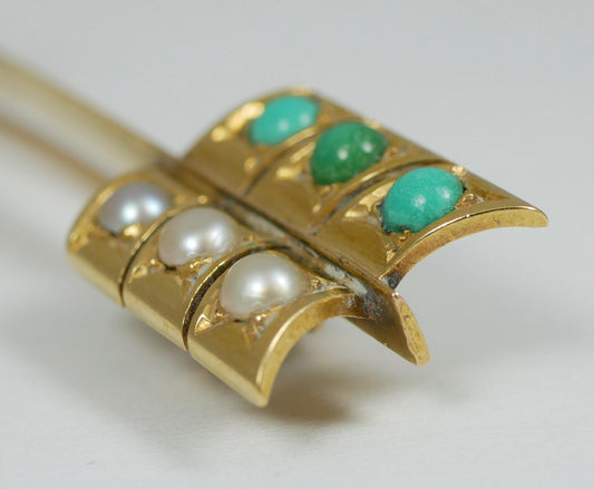 Antique Victorian 18ct Yellow Gold Turquoise & Seed Pearl Arrow Brooch Jabot Pin