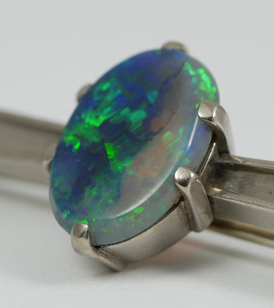 Antique Vintage 18ct White Gold Solid Black Lightning Ridge Opal Bar Brooch Pin