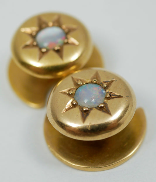 Antique Victorian Pair of 18ct Yellow Gold Crystal Opal Collar Shirt Studs Stud