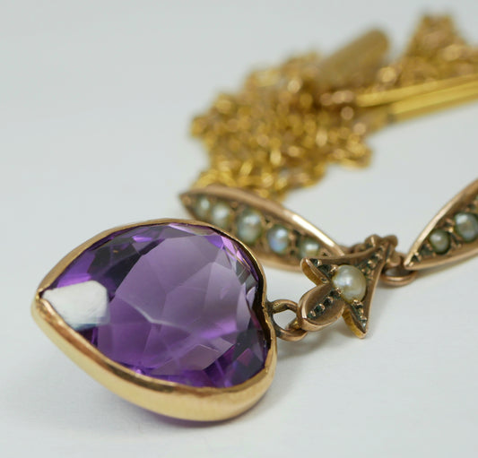 Antique Edwardian 15ct Yellow Gold 44cm 17.5" Amethyst Seed Pearl Necklace Chain
