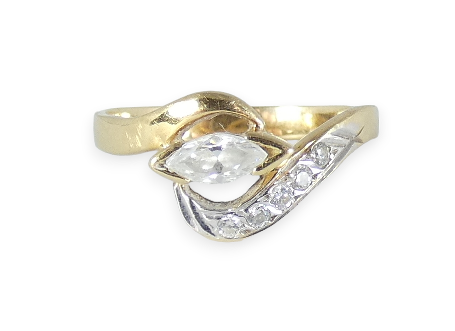 Solid 18ct Yellow Gold Marquise Navette & Round Cut CZ Dress Ring Size 6.5 M 52