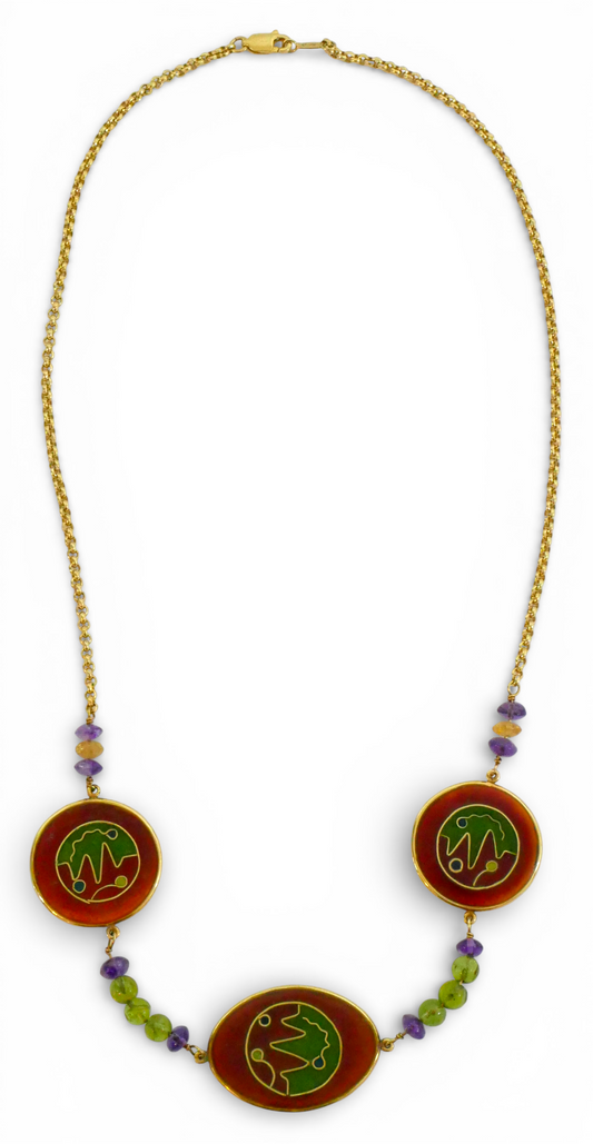 Solid 18ct Yellow Gold 51cm 20" Cloisonne Panel Amethyst Peridot Necklace Chain