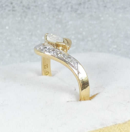Solid 18ct Yellow Gold Marquise Navette & Round Cut CZ Dress Ring Size 6.5 M 52