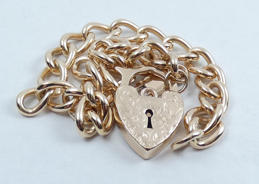 Vintage Heavy 9ct Yellow Gold 21cm 8" 6mm Link Charm Bracelet Chain Padlock 21gm