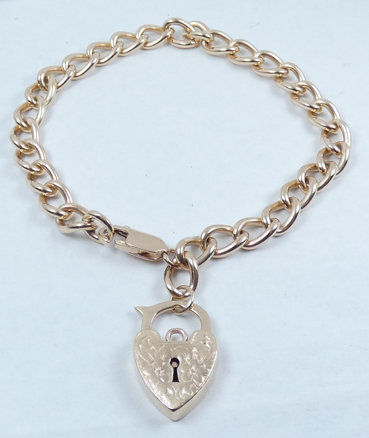 Vintage Heavy 9ct Yellow Gold 21cm 8" 6mm Link Charm Bracelet Chain Padlock 21gm
