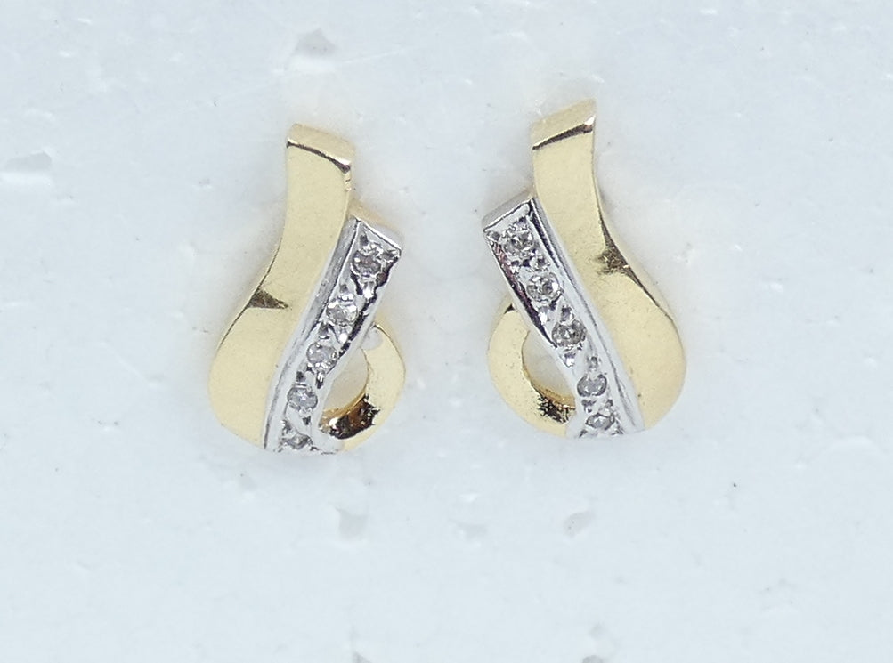 Vintage Solid 14ct Yellow White Gold & Diamond 14mm Studs Earrings Set Pair 585