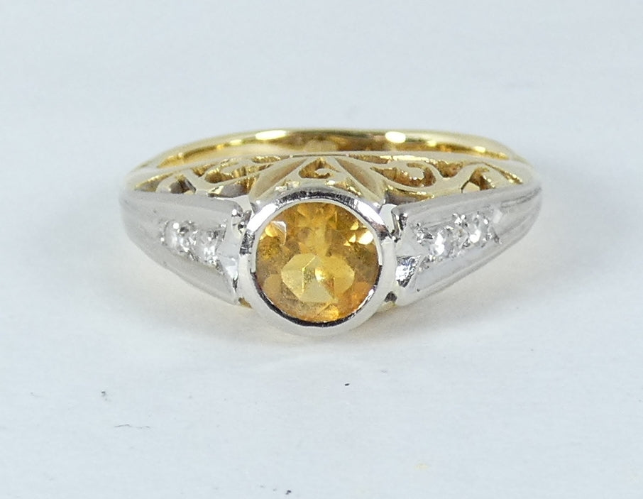 Vintage Art Deco Solid 18ct Yellow Gold Citrine & Diamond Dress Ring 4.5 I 48