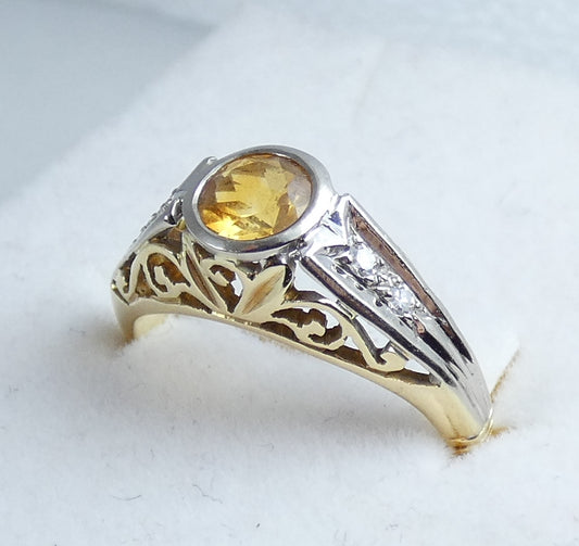 Vintage Art Deco Solid 18ct Yellow Gold Citrine & Diamond Dress Ring 4.5 I 48