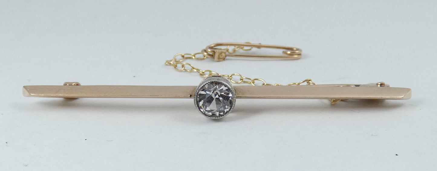 Antique 1920 Solid 9ct Rose Gold 54mm White Sapphire Solitaire Bar Brooch Pin WR