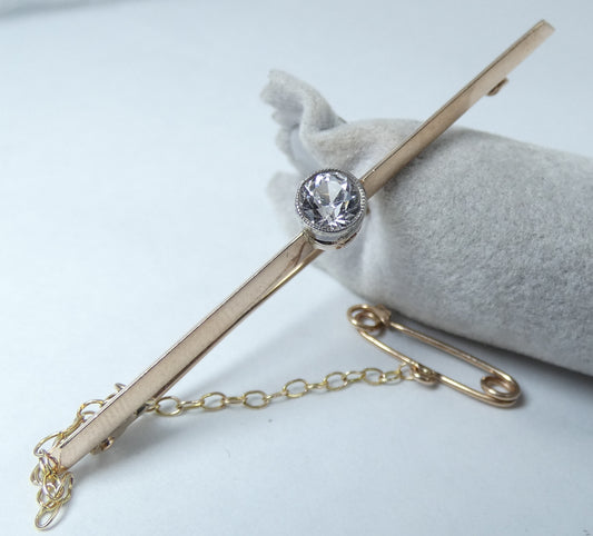 Antique 1920 Solid 9ct Rose Gold 54mm White Sapphire Solitaire Bar Brooch Pin WR