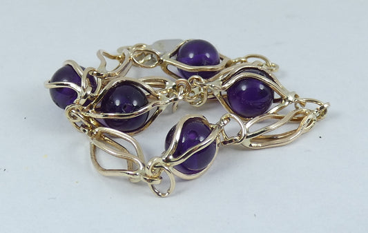 Vintage Solid 9ct Yellow Gold 19cm 7.5" Caged Spherical Amethyst Chain Bracelet