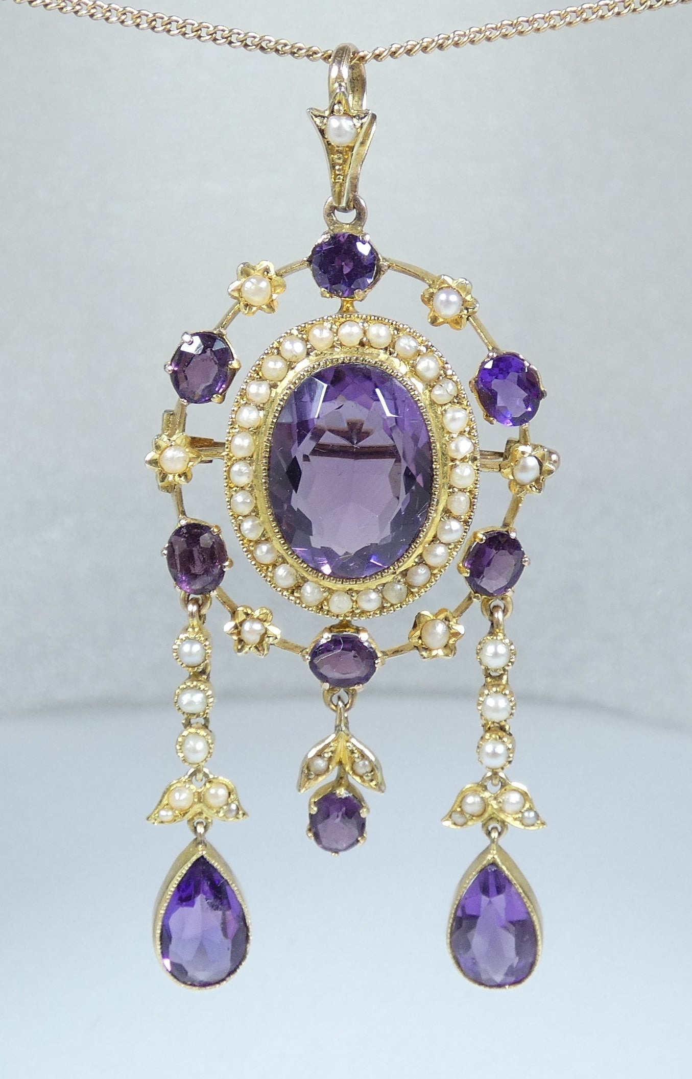 Antique Edwardian 1910 Solid 15ct Gold Purple Amethyst Seed Pearl Brooch Pendant