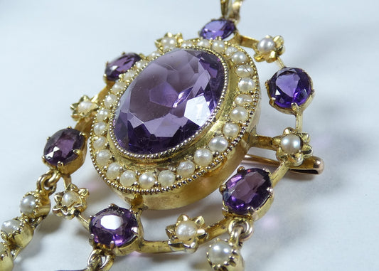 Antique Edwardian 1910 Solid 15ct Gold Purple Amethyst Seed Pearl Brooch Pendant