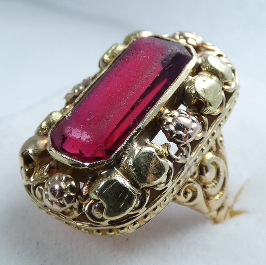 Vintage European Solid 14ct Yellow Gold Red Stone Floral Dress Ring Size 6 L 51