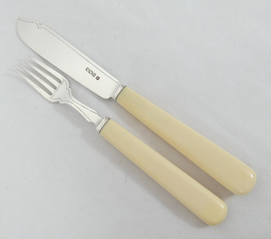 Antique Art Deco 1933 Set 24 Sterling Silver Fish Dessert Knives Forks Cutlery