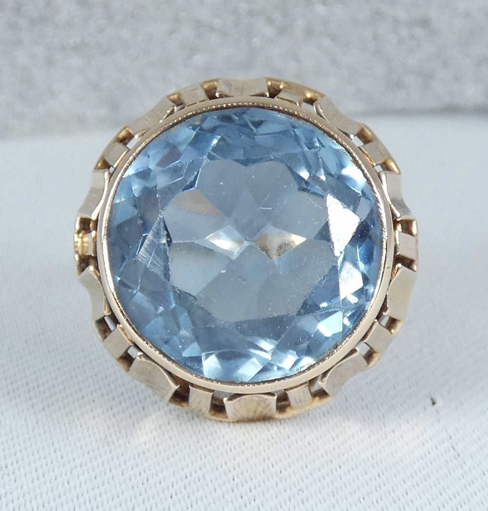 Vintage Polish Solid 14ct Yellow Gold Blue Spinel Cocktail Ring 9.5 S 60 10gm