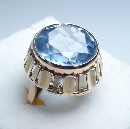 Vintage Polish Solid 14ct Yellow Gold Blue Spinel Cocktail Ring 9.5 S 60 10gm