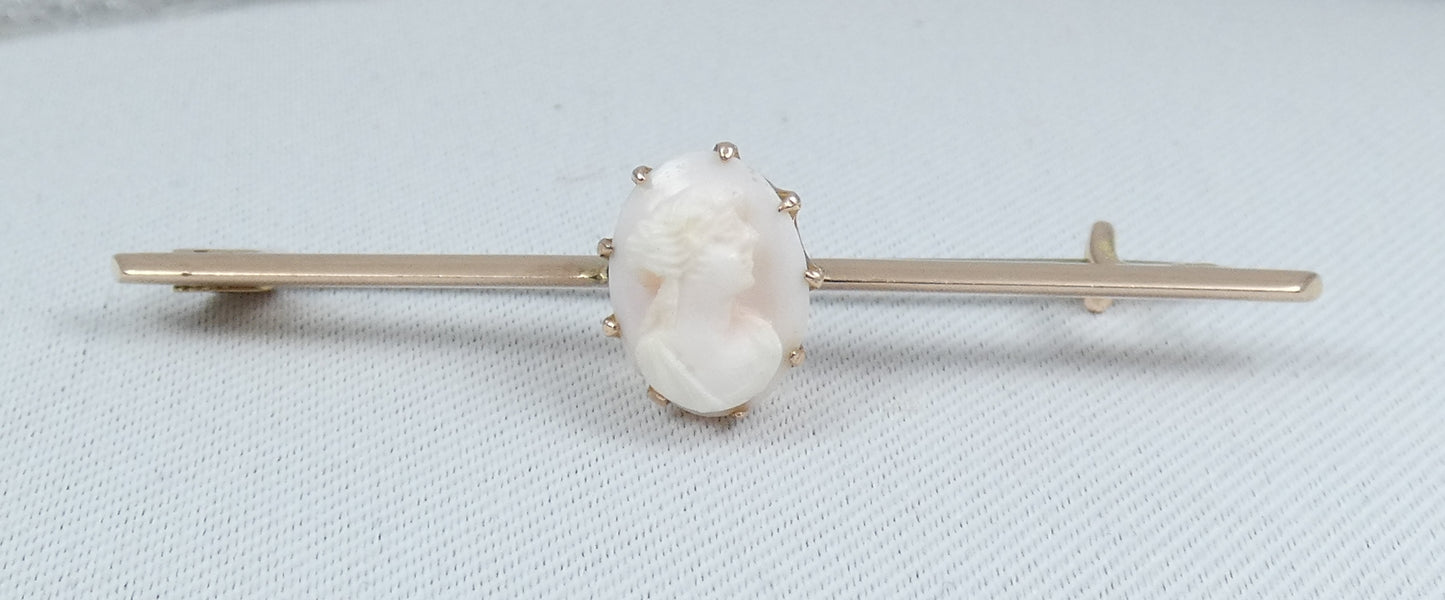 Antique Edwardian 1900 Solid 9ct Yellow Gold Shell Cameo 55mm Bar Brooch Pin 375