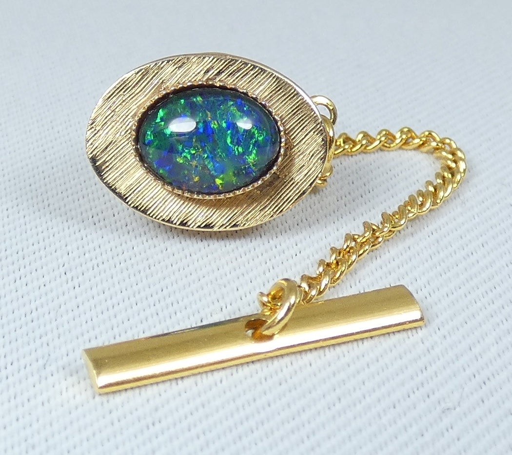 Vintage Solid 9ct Yellow Gold & Black Opal 15mm Tie Tack Collar Pin Brooch 375