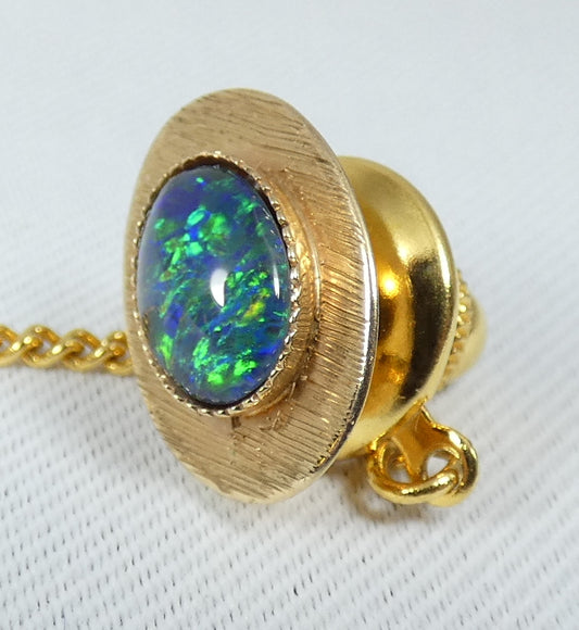 Vintage Solid 9ct Yellow Gold & Black Opal 15mm Tie Tack Collar Pin Brooch 375