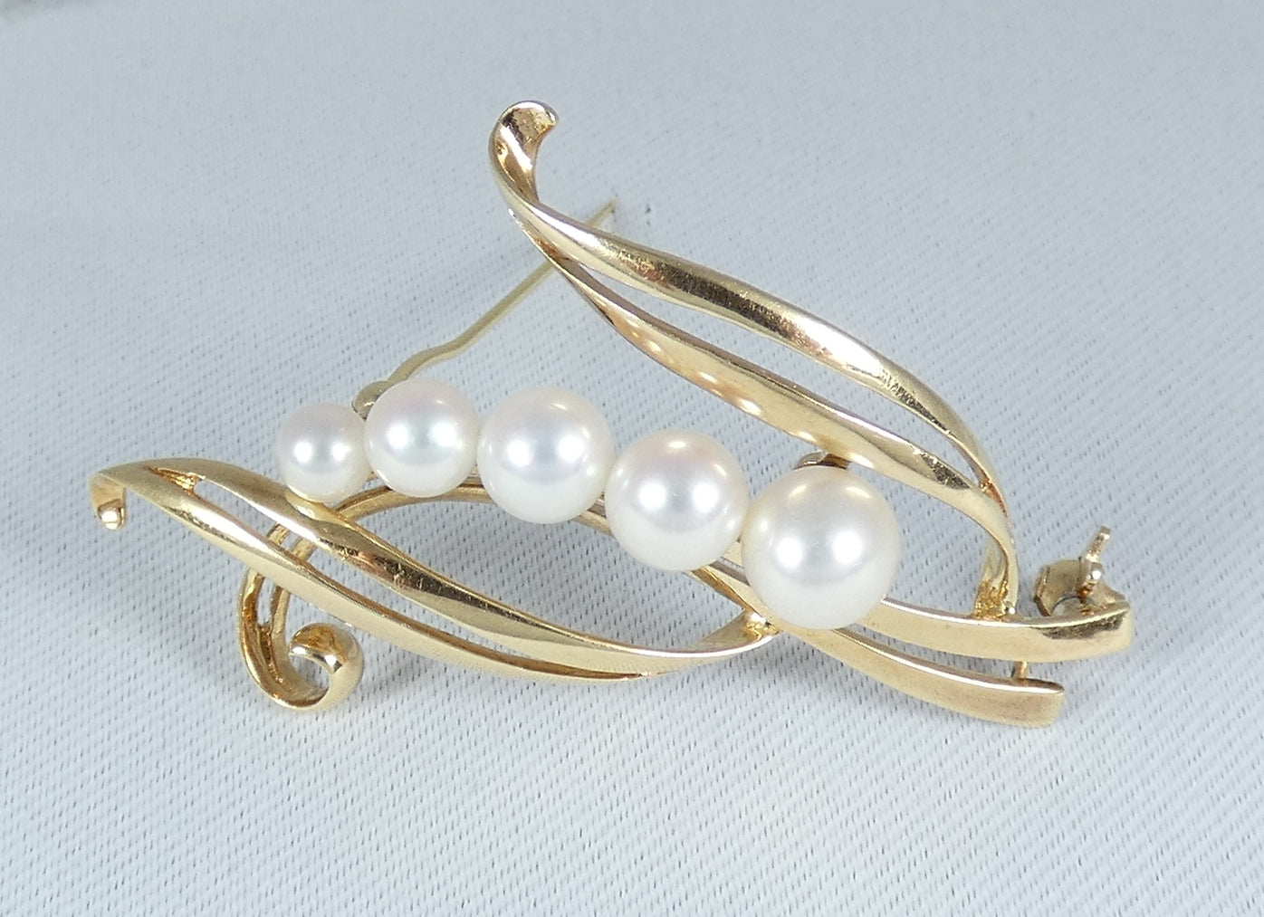 Vintage Large Solid 14ct Yellow Gold Mikimoto 5 Akoya Pearl Brooch Pin Japan 585