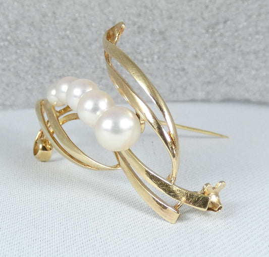 Vintage Large Solid 14ct Yellow Gold Mikimoto 5 Akoya Pearl Brooch Pin Japan 585