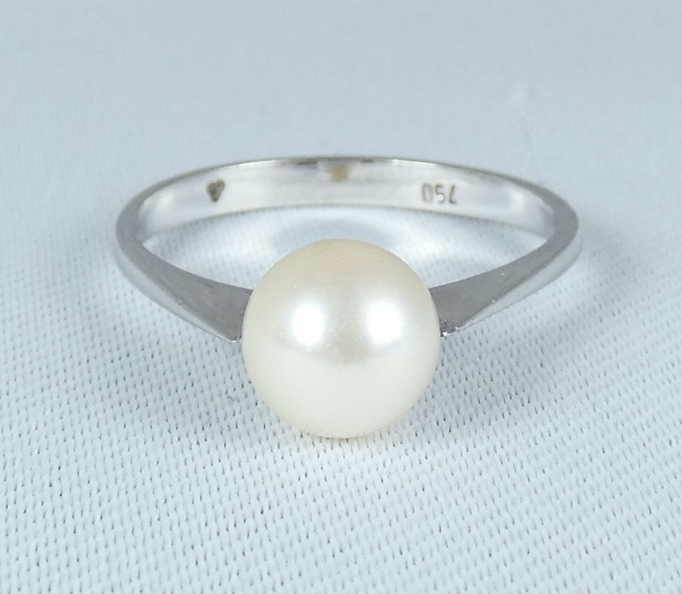 Vintage Solid 18ct White Gold 7mm Natural Pearl Solitaire Dress Ring Size 8 P 56