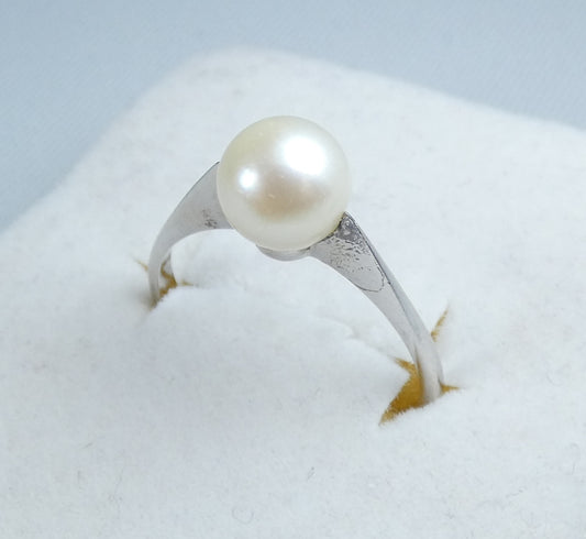 Vintage Solid 18ct White Gold 7mm Natural Pearl Solitaire Dress Ring Size 8 P 56