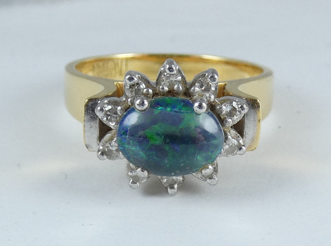 Vintage Solid 18ct Yellow Gold Opal & Diamond Flower Dress Ring Size 7 N 54 Pall