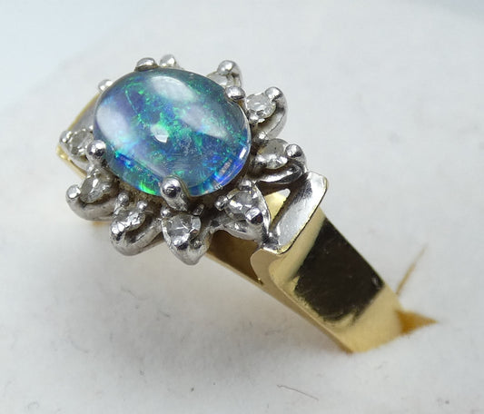 Vintage Solid 18ct Yellow Gold Opal & Diamond Flower Dress Ring Size 7 N 54 Pall
