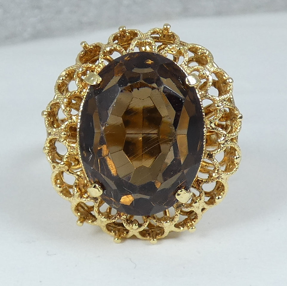 Vintage Italian Solid 18ct Yellow Gold Smoky Quartz Cocktail Ring Size 9 R 59