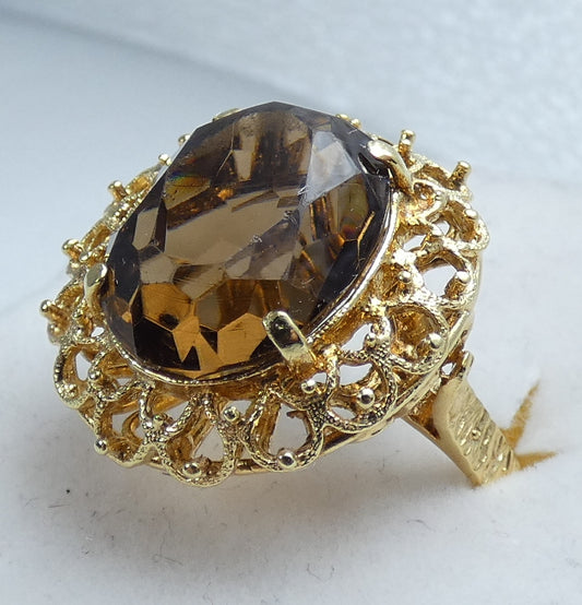 Vintage Italian Solid 18ct Yellow Gold Smoky Quartz Cocktail Ring Size 9 R 59