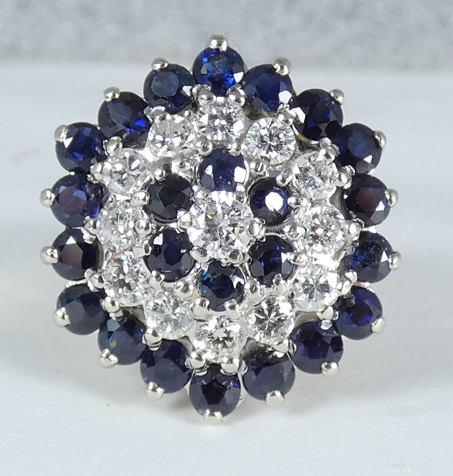 English Solid 18ct Yellow Gold Diamond & Sapphire Cluster Cocktail Ring 5 J 49
