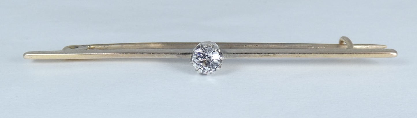 Antique Vintage Solid 9ct Yellow Gold White Sapphire Solitaire Bar Brooch Pin