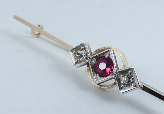Vintage Solid 9ct Yellow Gold Pink Rubellite Ruby Stone 53mm Bar Brooch Pin 375