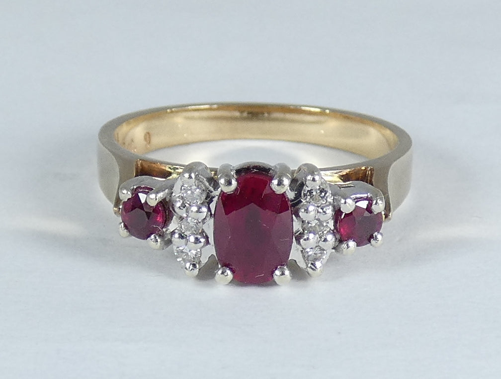 Vintage Solid 9ct Yellow Gold Ruby & Diamond Half Hoop Dress Ring Size 7 N 54