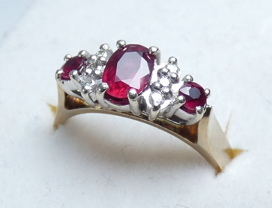 Vintage Solid 9ct Yellow Gold Ruby & Diamond Half Hoop Dress Ring Size 7 N 54