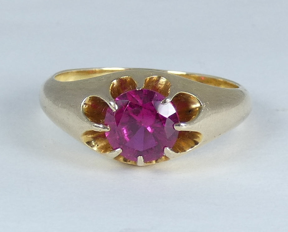 Vintage Heavy Solid 9ct Yellow Gold Pink Red Ruby Signet Dress Ring Size 10 T 61