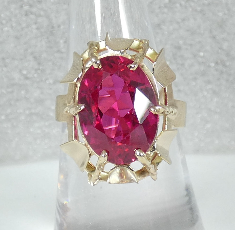 Vintage Solid 9ct Yellow Gold Pink Oval Cut Ruby Cocktail Dress Ring Size 7 N 54