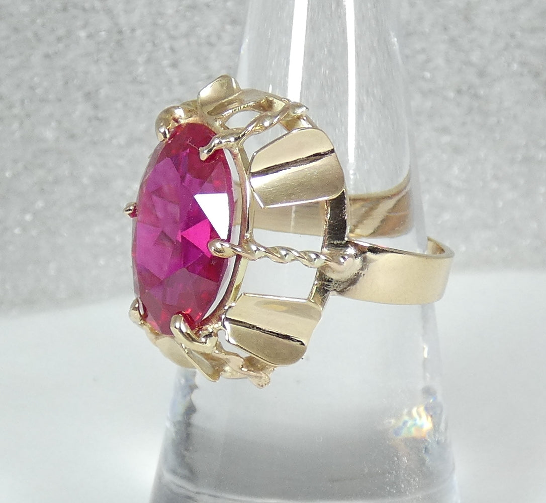 Vintage Solid 9ct Yellow Gold Pink Oval Cut Ruby Cocktail Dress Ring Size 7 N 54