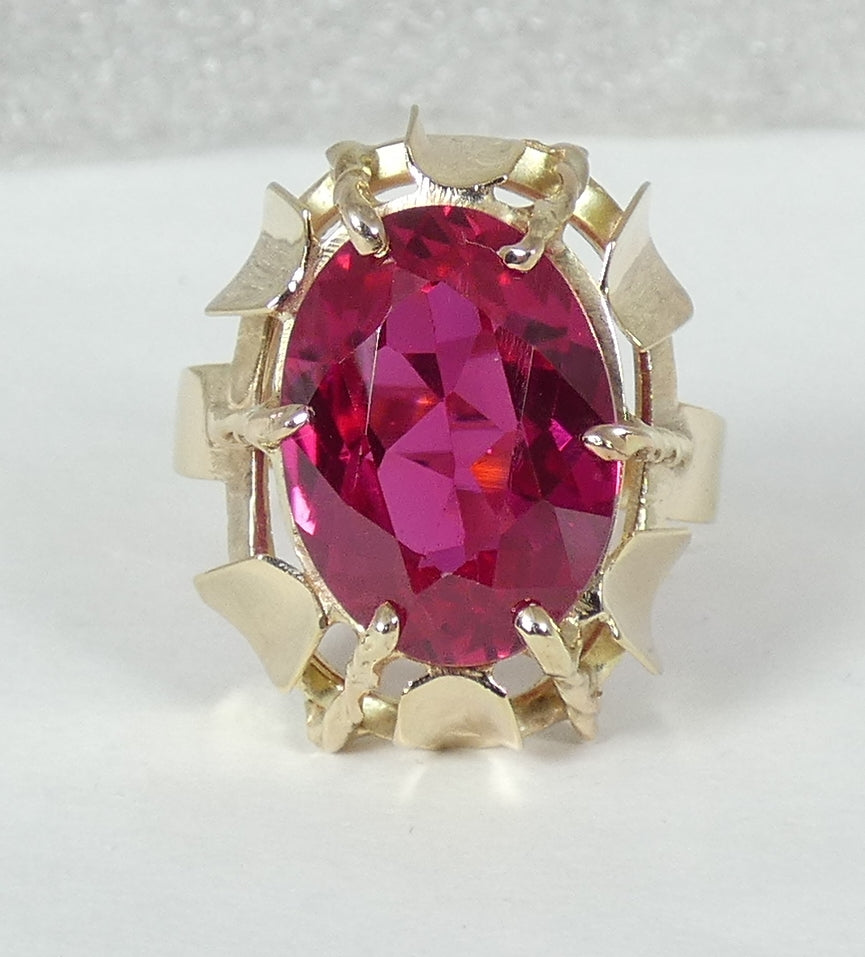 Vintage Solid 9ct Yellow Gold Pink Oval Cut Ruby Cocktail Dress Ring Size 7 N 54