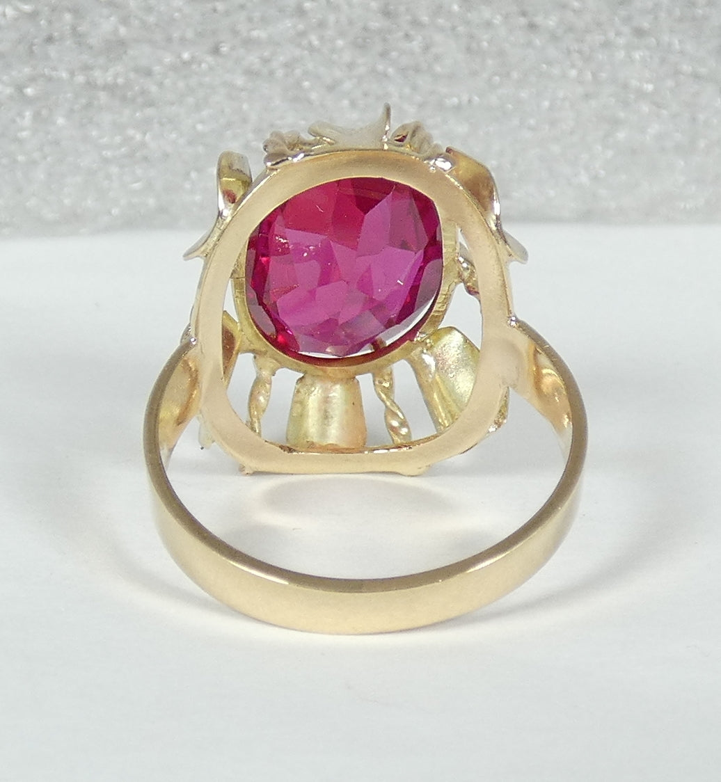 Vintage Solid 9ct Yellow Gold Pink Oval Cut Ruby Cocktail Dress Ring Size 7 N 54