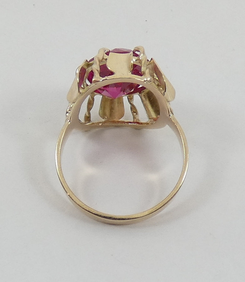Vintage Solid 9ct Yellow Gold Pink Oval Cut Ruby Cocktail Dress Ring Size 7 N 54