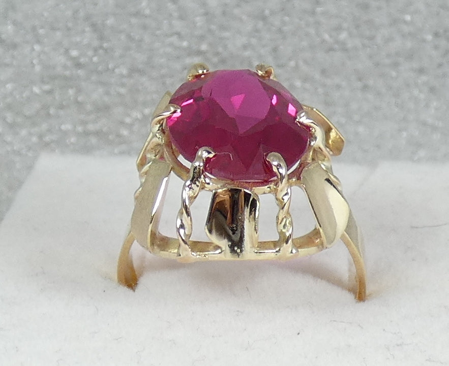 Vintage Solid 9ct Yellow Gold Pink Oval Cut Ruby Cocktail Dress Ring Size 7 N 54